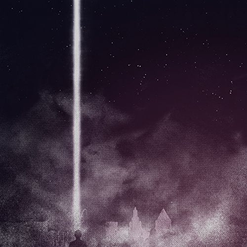 Dark, grainy album cover with a bright vertical light beam and silhouetted buildings.