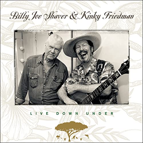 Black and white photo of Billy Joe Shaver and Kinky Friedman with a guitar.