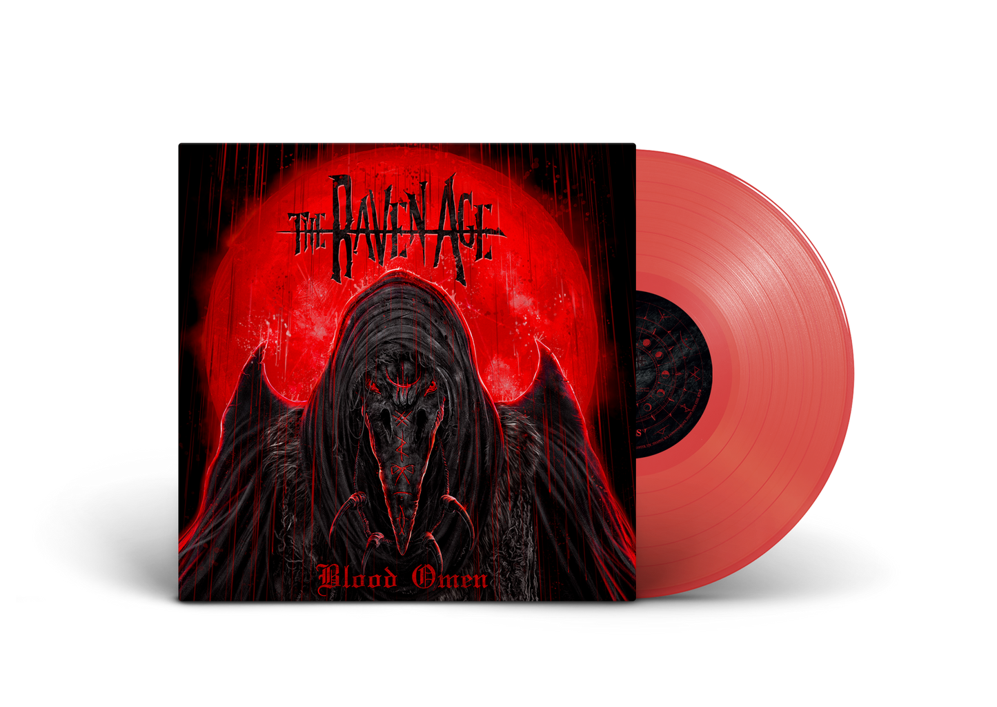 "Red vinyl record with cover art featuring a hooded figure against a red background."