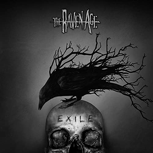 Black and white album cover: raven perched on a human skull.