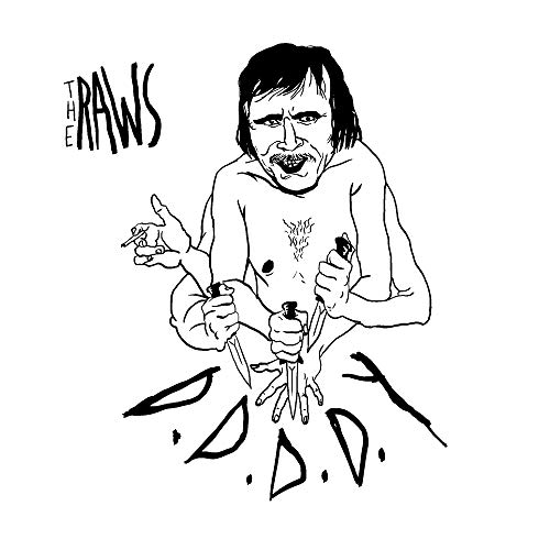 Black and white illustration of a man with knives, album artwork.