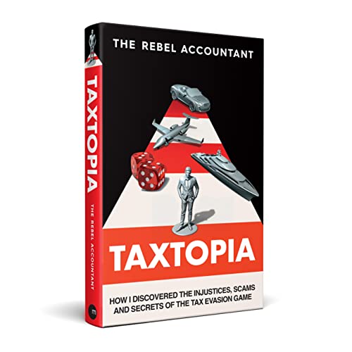 Book cover for "TAXTOPIA" featuring a pyramid of toys and a man.