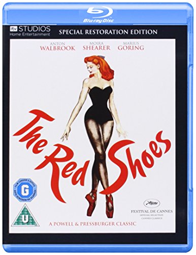 Blu-ray cover art for The Red Shoes featuring a ballerina in red pointe shoes.