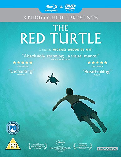 Blu-ray cover for "The Red Turtle" showing a man swimming with a turtle.