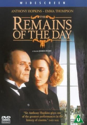 DVD cover for "The Remains of the Day" featuring Hopkins and Thompson.