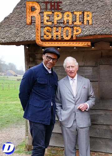 “The Repair Shop” DVD cover featuring Jay Blades and King Charles III.