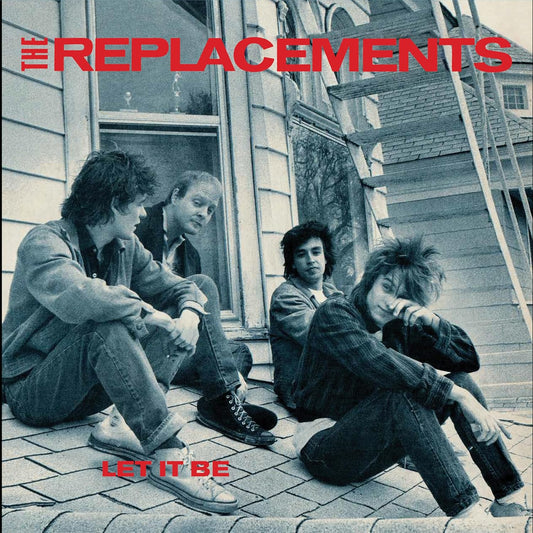 Black and white album cover featuring The Replacements sitting on steps.
