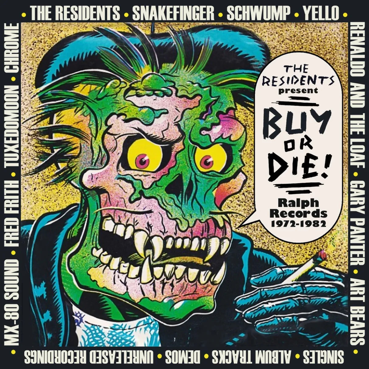 Album cover art featuring a green, fanged, zombie-like creature smoking a cigarette.