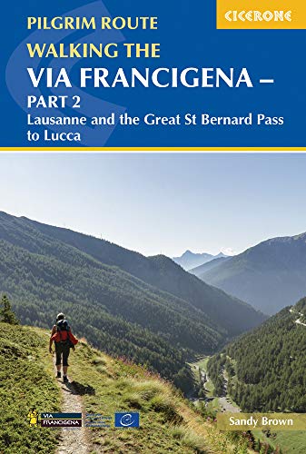 Map or guidebook cover showing Swiss and Italian Alps, pilgrim route, and medieval towns.