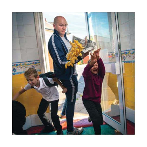 Album cover featuring three young people in a doorway with chips.