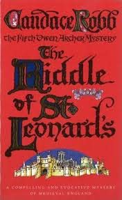 Red book cover with ornate title, “The Riddle of St Leonard’s,” and castle illustration.