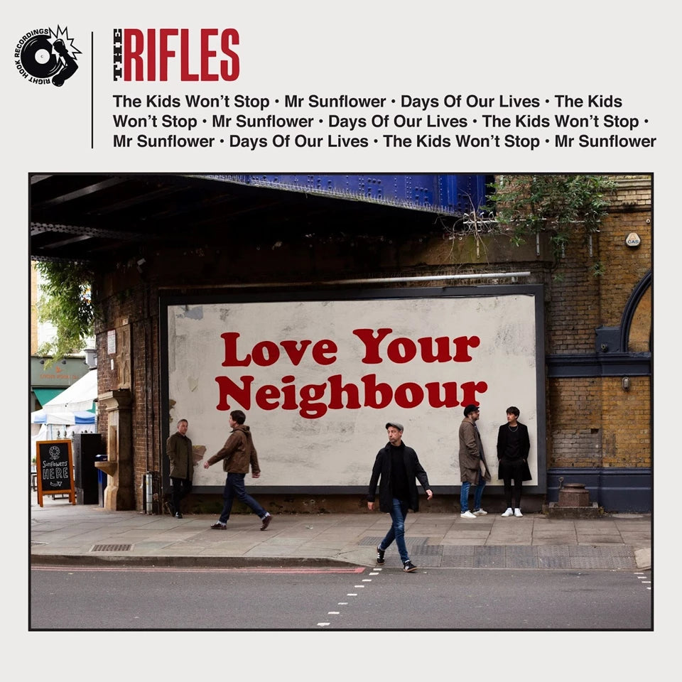 CD cover: "Love Your Neighbour" with people walking in front of a mural.
