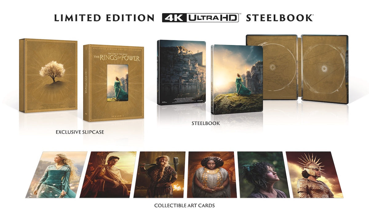 “The Rings of Power” 4K UHD Steelbook with slipcase and art cards.
