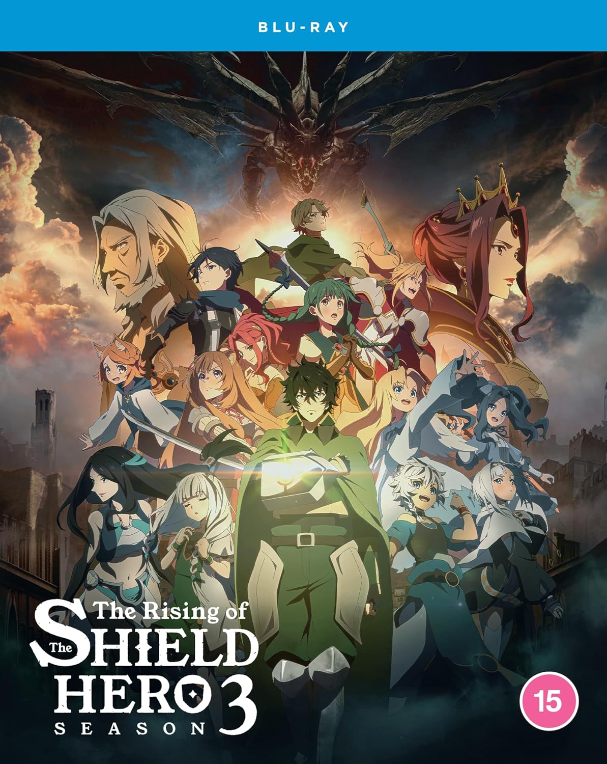 Blu-ray cover for “The Rising of the Shield Hero” Season 3 with characters.