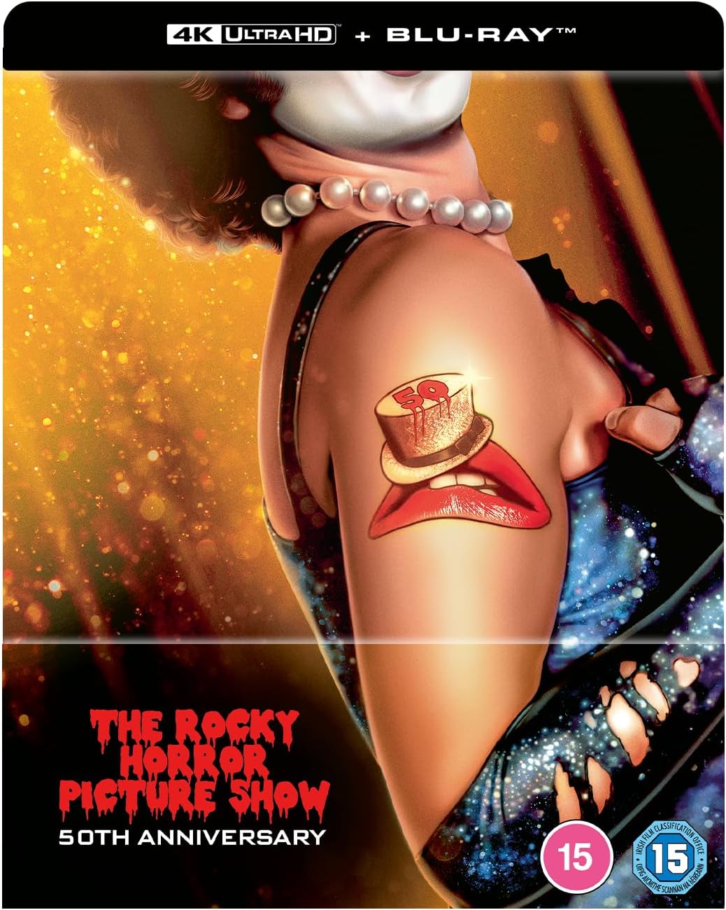 The Rocky Horror Picture Show 50th anniversary SteelBook cover featuring a tattooed shoulder.