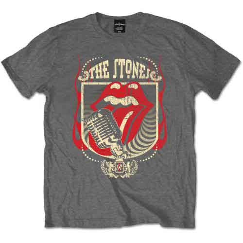Charcoal grey t-shirt with The Rolling Stones lips and microphone graphic.