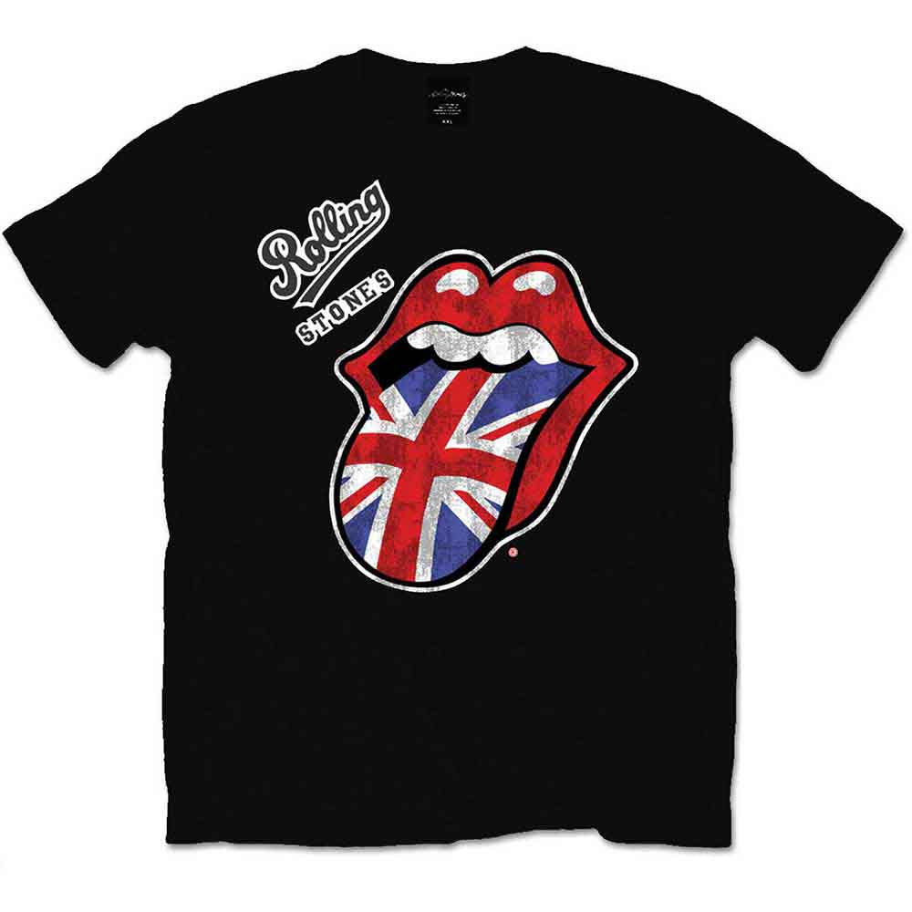 Black Rolling Stones t-shirt with iconic tongue and Union Jack design.