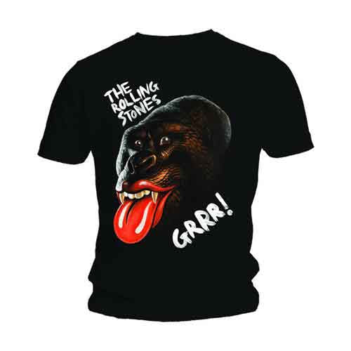 Black t-shirt with a gorilla graphic and "The Rolling Stones" text.