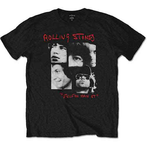 Black t-shirt with a collage of The Rolling Stones' faces.