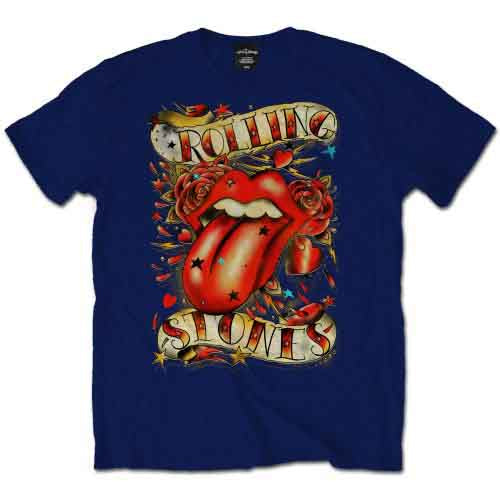 Navy Rolling Stones t-shirt with iconic tongue and stars graphic.