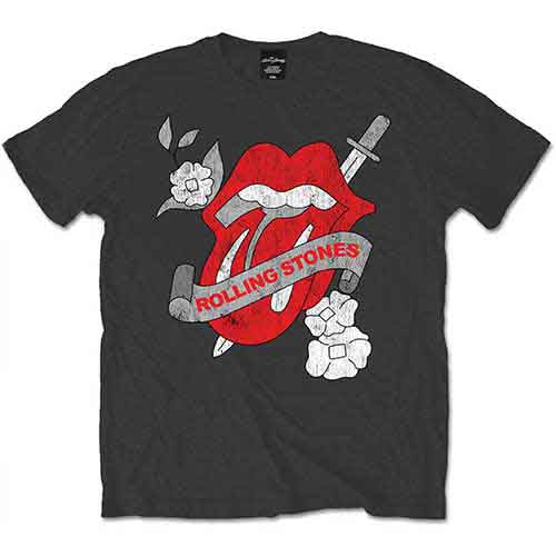 Charcoal grey t-shirt with The Rolling Stones tattoo-style logo design.