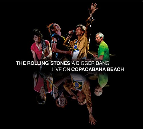 The Rolling Stones performing on stage with a reflection on a black background.