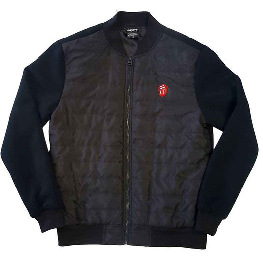 Man wearing black quilted Rolling Stones jacket with tongue logo.