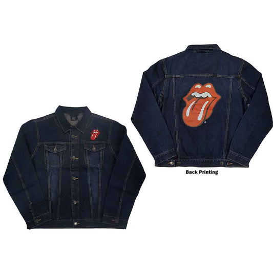 Man wearing a blue denim jacket with The Rolling Stones logo.