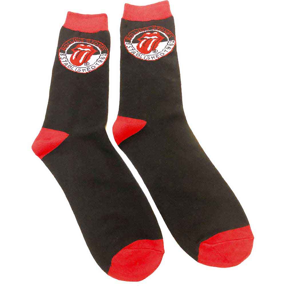 Black crew socks with red heels, toes, and cuffs featuring Rolling Stones logo embroidery.