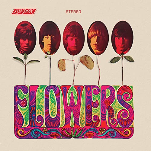 The Rolling Stones’ “Flowers” album cover with portraits and floral design.