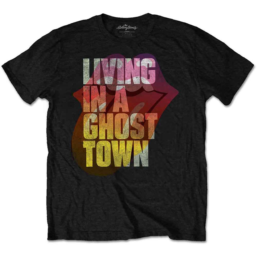 Black t-shirt with "Living in a Ghost Town" and Rolling Stones logo.