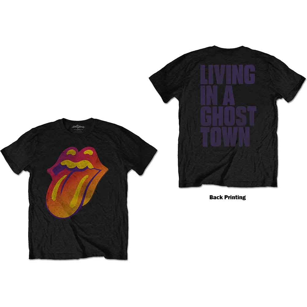 A man wearing a black t-shirt featuring a distressed Rolling Stones tongue logo.