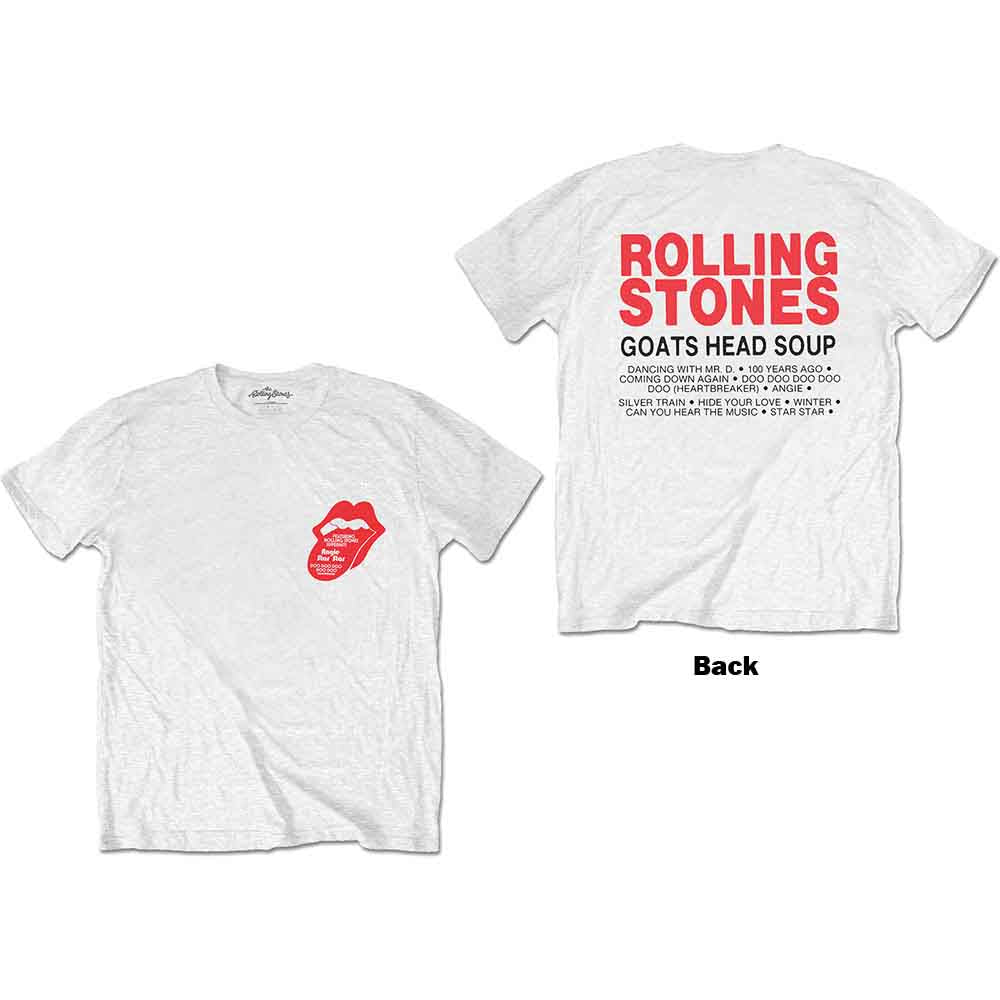 White Rolling Stones t-shirt with red tongue and lips logo graphic.