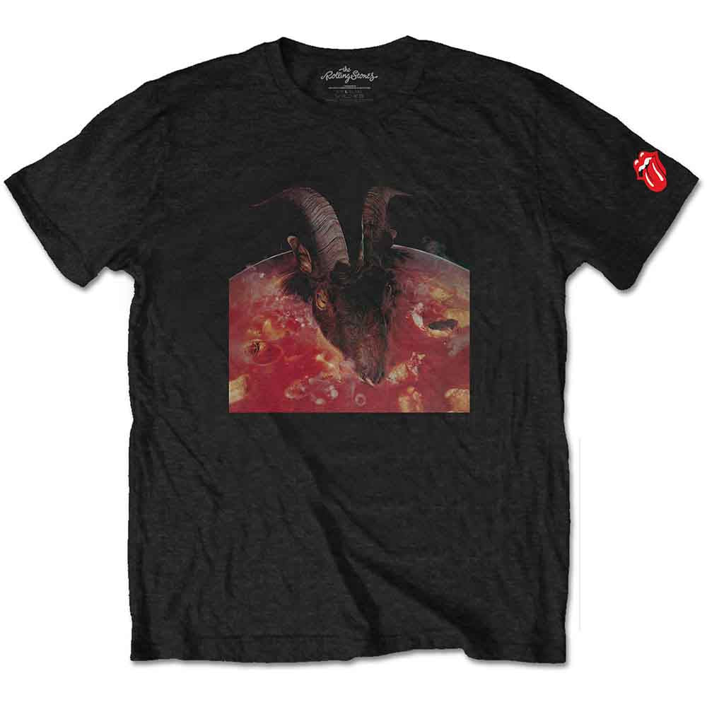 Black Rolling Stones t-shirt with a goat head and band logo print.