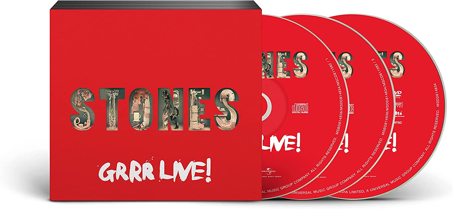 The Rolling Stones "Grrr! Live" 2CD + DVD set in open packaging.
