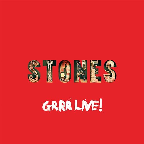 Red album cover for The Rolling Stones’ “GRRR Live!” with textured lettering.