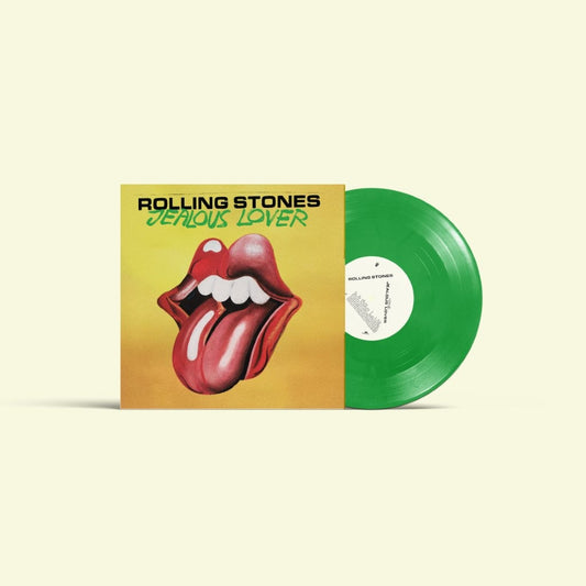 The Rolling Stones Jealous Lover album cover next to a green vinyl record.
