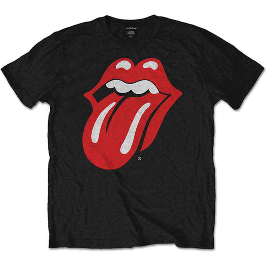 Girl wearing a navy blue Rolling Stones t-shirt with tongue logo.