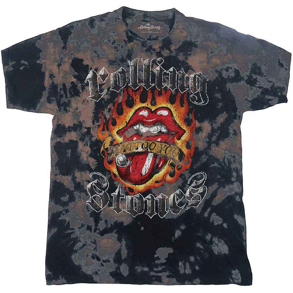 Gray tie-dye Rolling Stones kids t-shirt with iconic lips and tongue logo.