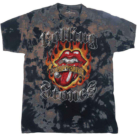 Gray tie-dye Rolling Stones kids t-shirt with iconic lips and tongue logo.