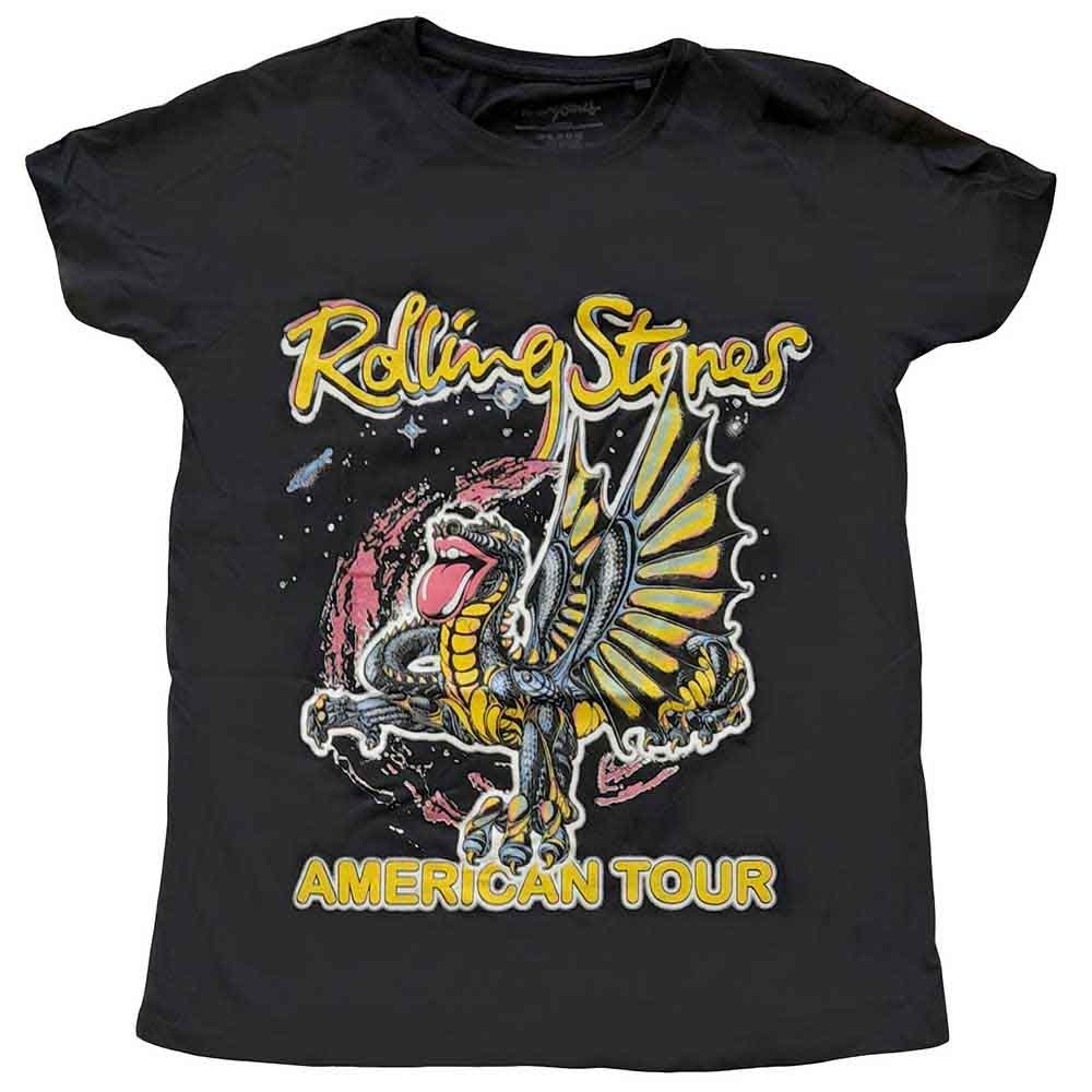 Ladies' black t-shirt featuring a colorful dragon and The Rolling Stones logo.