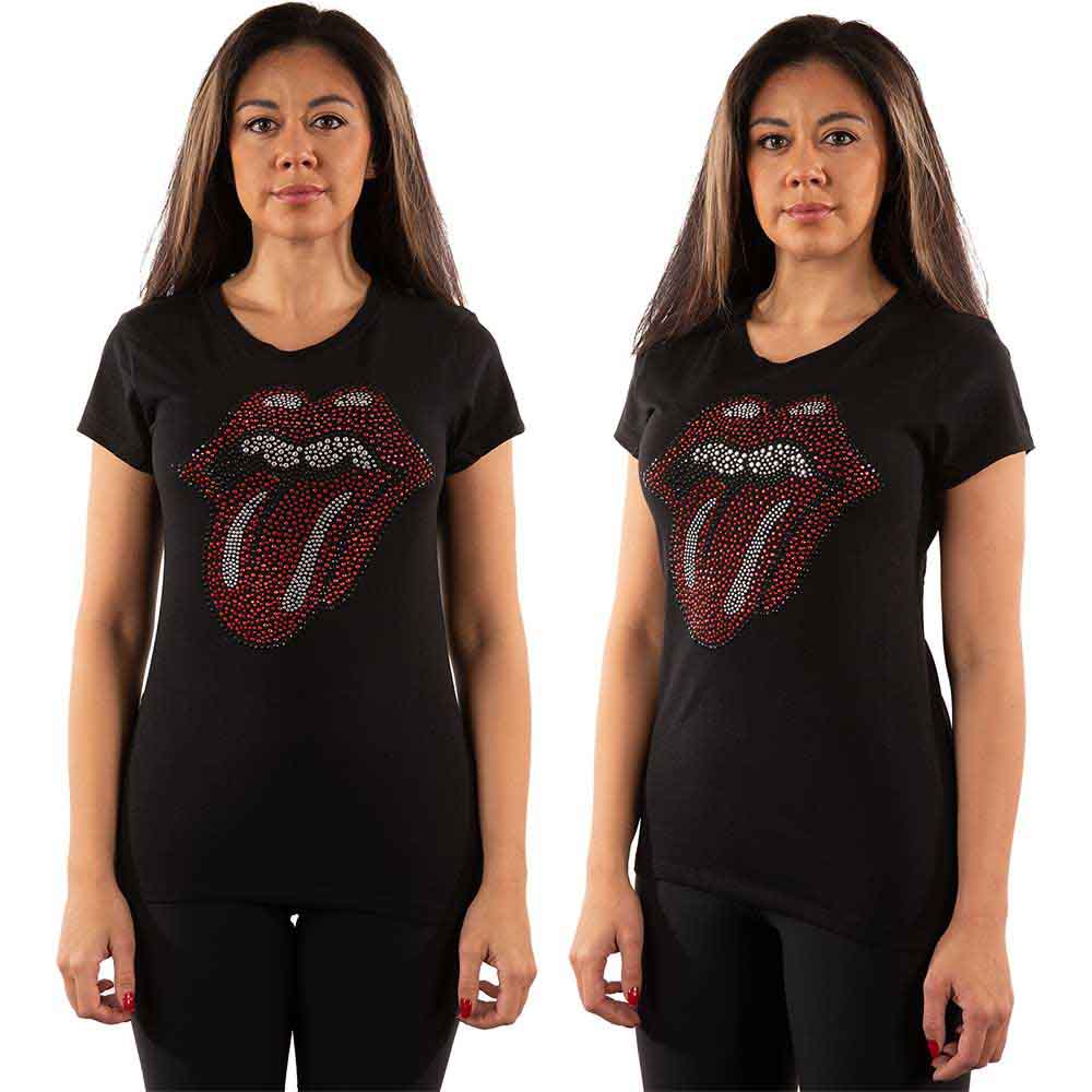 Black ladies’ t-shirt with The Rolling Stones’ tongue and lips logo in diamante.