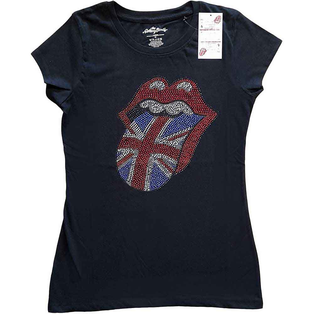 Ladies’ black Rolling Stones t-shirt with diamante tongue logo, size X-Large.