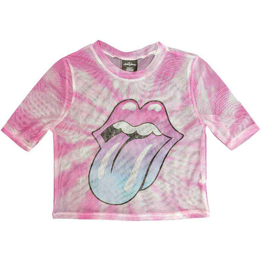 Pink gradient mesh crop top featuring The Rolling Stones tongue logo.