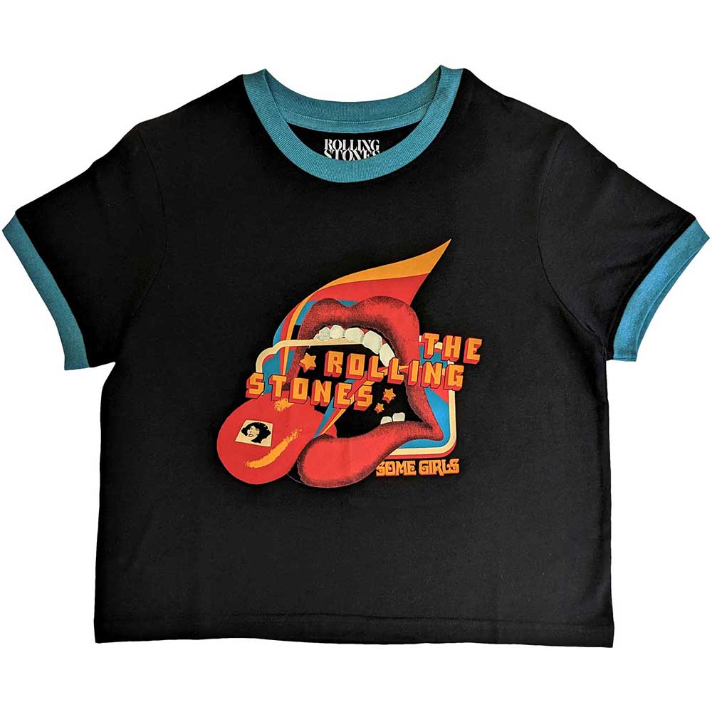 Ladies’ medium black crop top featuring The Rolling Stones’ “Some Girls” album artwork.