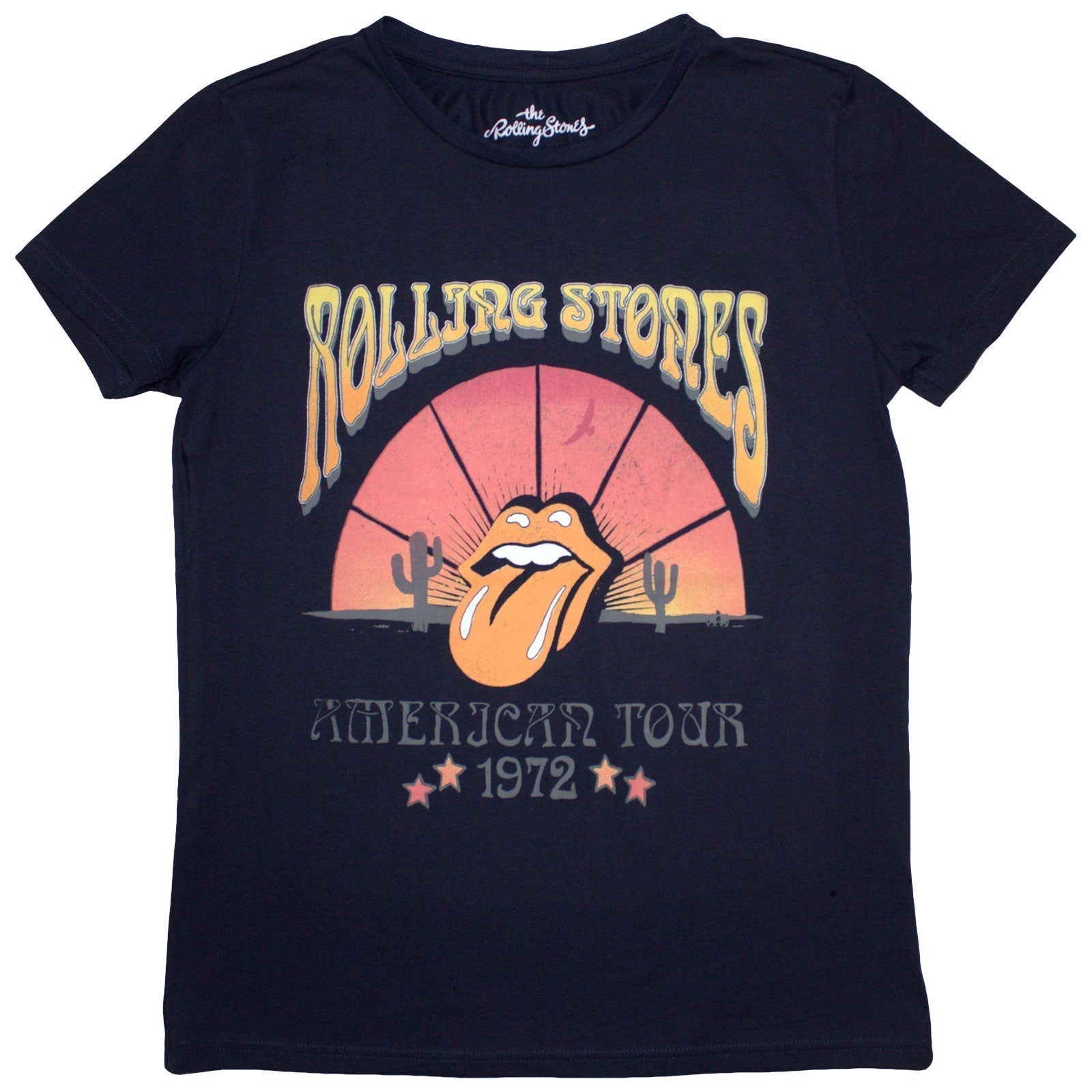 Black ladies T-shirt featuring The Rolling Stones Desert '72 graphic print on the front.