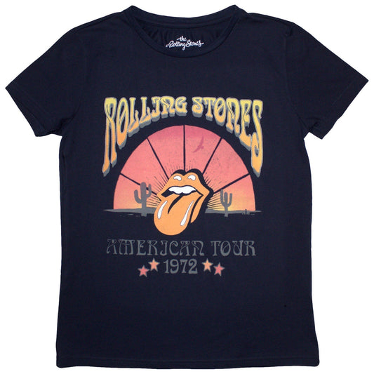 Black ladies T-shirt featuring The Rolling Stones Desert '72 graphic print on the front.