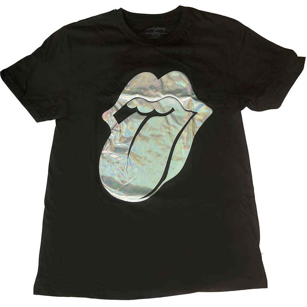 Black women’s t-shirt with a foiled, colorful Rolling Stones tongue logo.