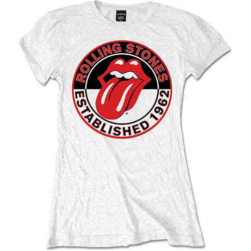 White women's t-shirt with Rolling Stones logo and established year.