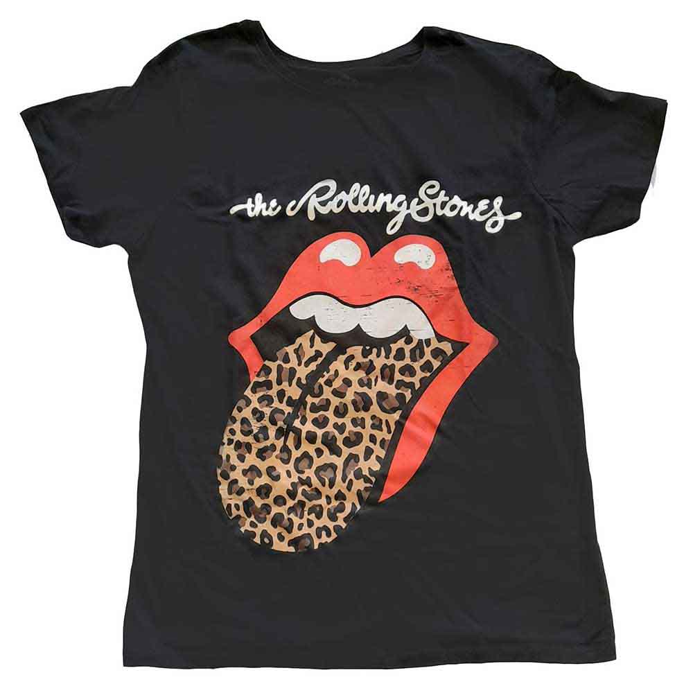 Ladies' t-shirt with leopard print Rolling Stones tongue logo, size 14.